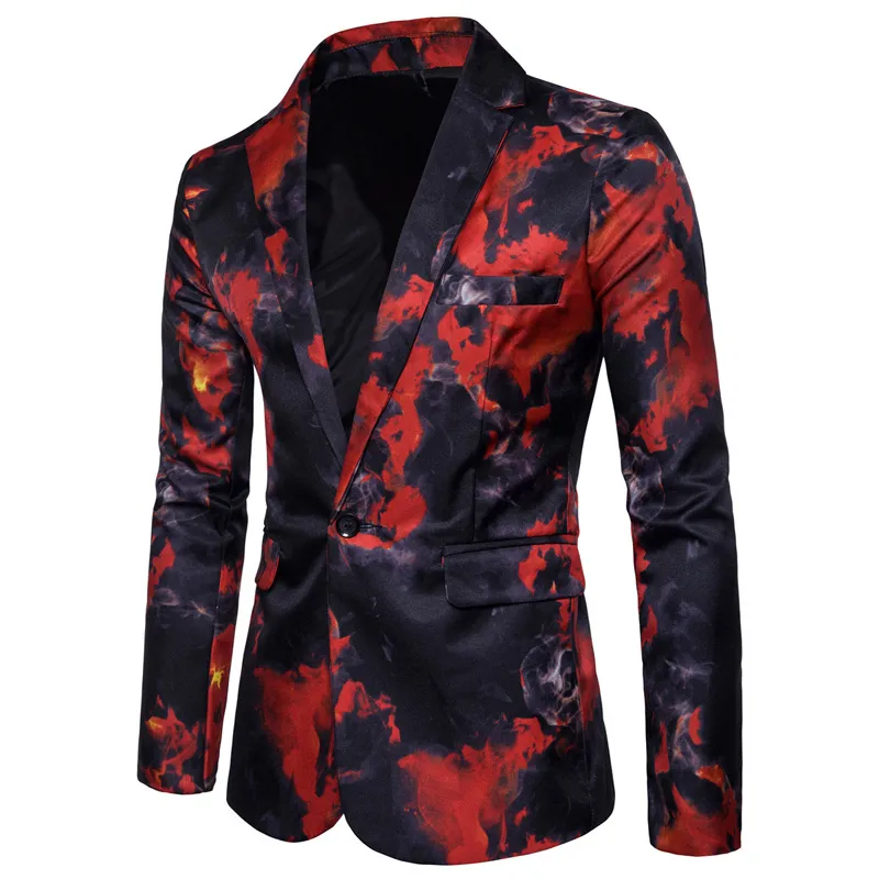 Blazer imprimé flamme rouge pour hommes, veste décontractée, Slim, bouton unique, costume et Blazer à manches longues