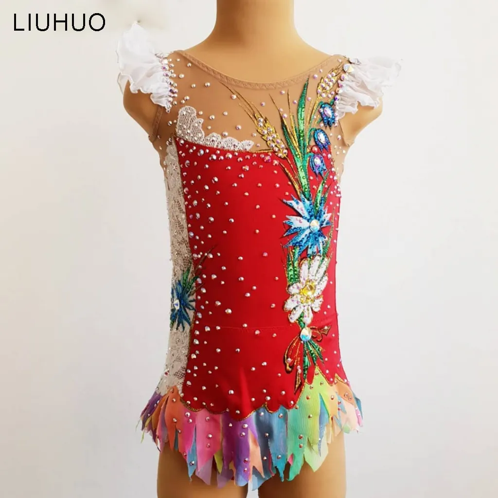 High quality rhythmic gymnastics leotards girls red skirt dress sparkly leotards skirt handmde jeweled ballroom dance costumes