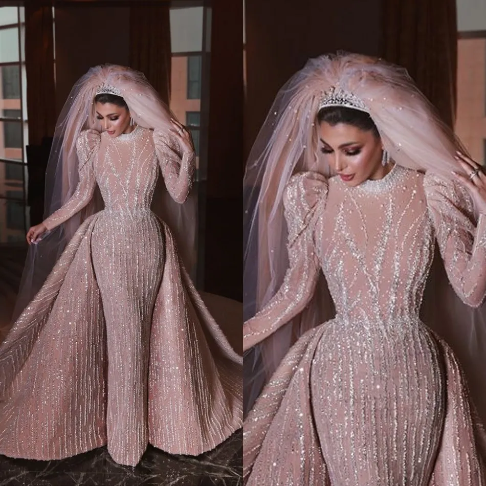 Sparkly árabes Sereia Prom Dresses com destacável Train Beading Jewel Neck manga comprida apliques Vestidos Sexy desgaste do partido
