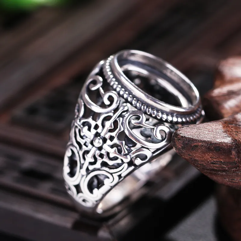 925 Sterling Silver Men Engagement Wedding Ring Vintage Oval Cabochon Semi Mount Ring for Amber Agate Turquoise Setting Exquisite Handcrafted Jewelry