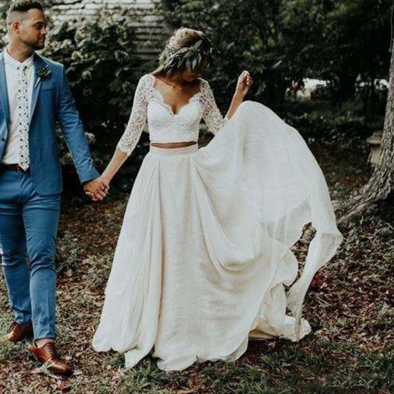 2019 Pas Cher Plage Boho Robes De Mariée Manches Longues Une Ligne En Mousseline De Soie Blanche Dentelle Plus La Taille Robe De Mariée De Mariée Deux Pièces Pays Weddi2616