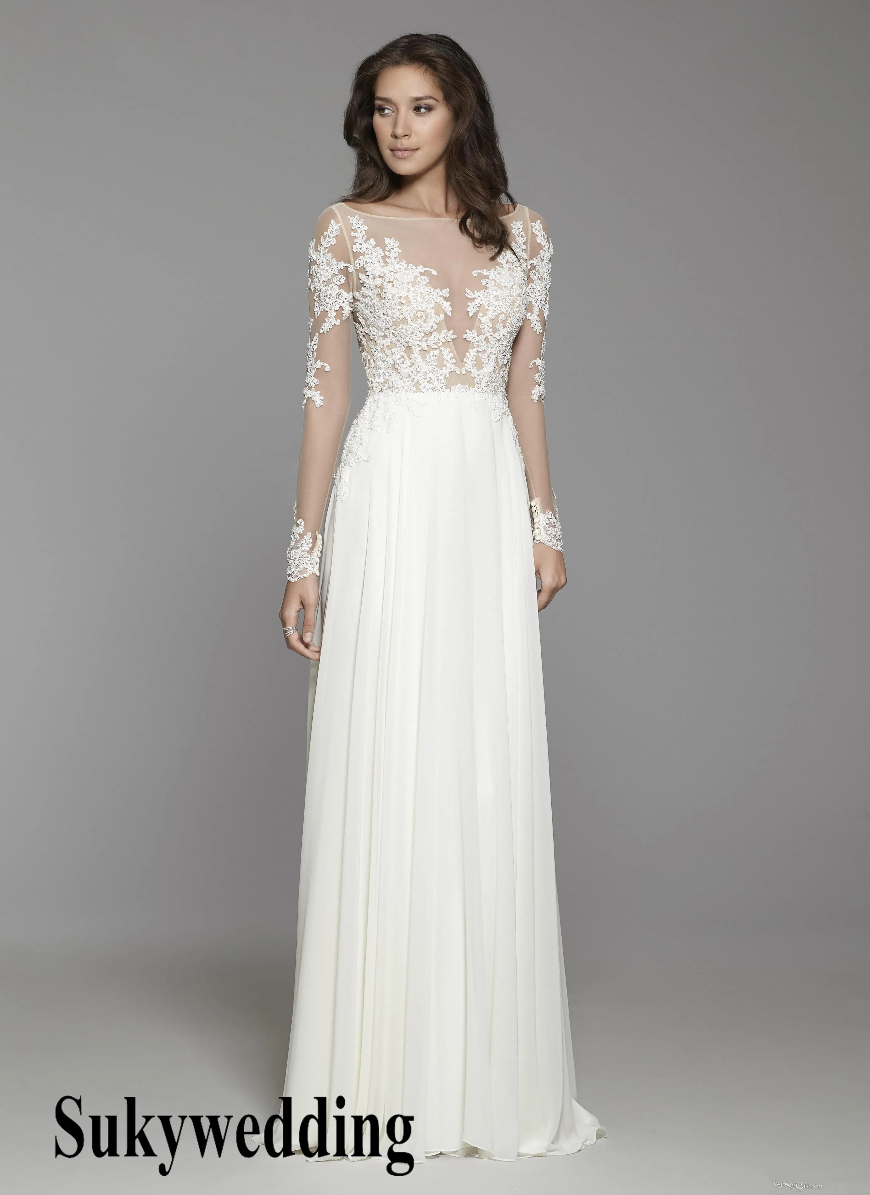 2019 A-Line Bohemian Wedding Dress: Long Sleeve Lace Chiffon Beach