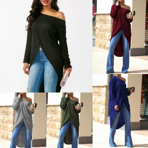 2019 New Women Summer Long Sleeve Loose Blouse Casual Spring Solid Split Shirt Skew Neck Long Tops S-XL