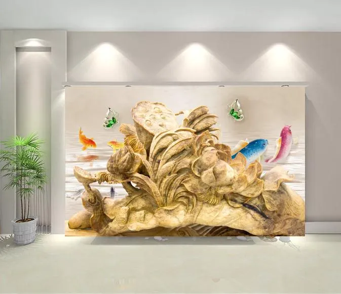 カスタム壁紙3D立体斜視蓮の鯉のフレーム壁画背景の壁の装飾的なPAアートの壁壁画リビングルームの寝室の壁紙