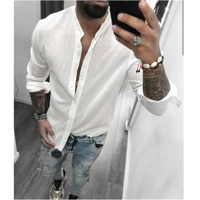 Male Shirt Mens Breathable Solid Color Shirt Casual Long Sleeve Stand Collar Fashion Slim Fit Simple Designer