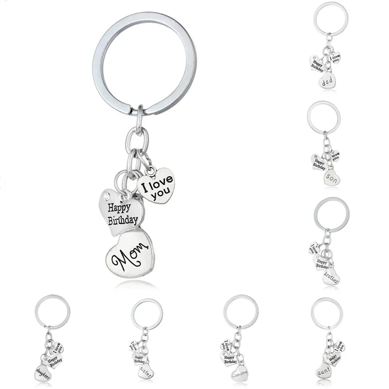 Porte-clés coeur de famille je t'aime joyeux anniversaire porte-clés en alliage bijoux cadeau pour maman papa frère soeur argent mode charme porte-clés anneaux