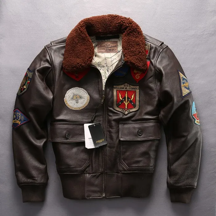 AVIREXFLY men leather bomber jacket with lamb fur collar sheepskin