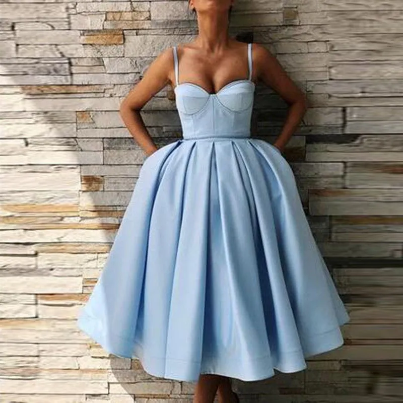 Cheap Baby Blue Cocktail Dresses With Spaghetti Straps A Line Satin Cheap Prom Dress Pleats Formal Party Dress Formal Vestidos