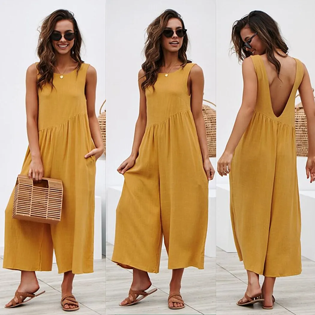 Summer Boho Jumpsuit Women Rompers Sexy Backless Loose Jumpsuits Wide Leg Pants New Casual Boho Beach Ladies Overalls Plus Size