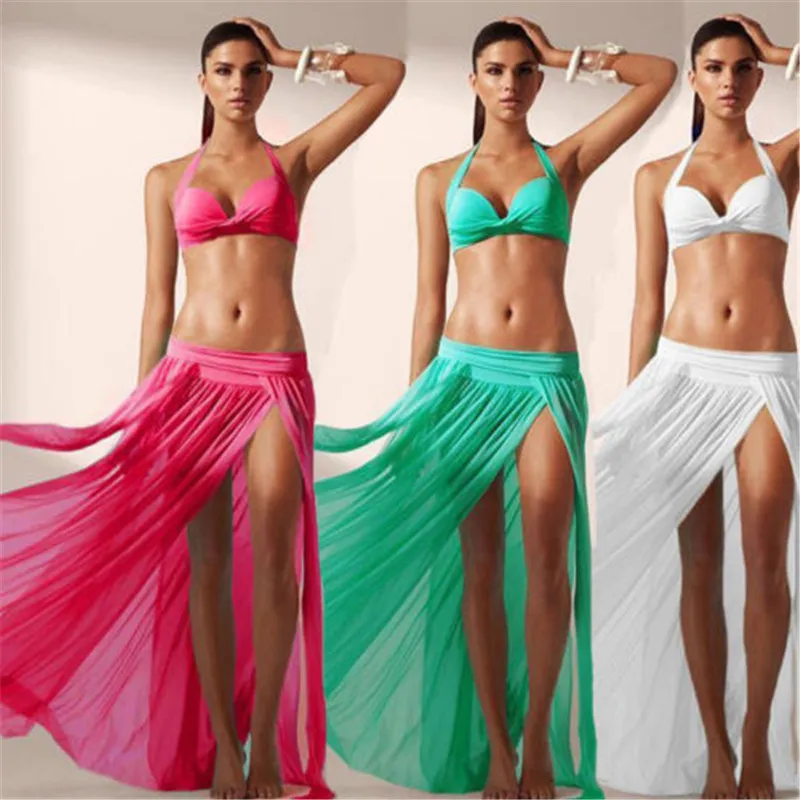 Sarongs Women Sheer Mesh Bikini Cover Up Solid Color Summer Longs Dress Beach Sarongs Pareo Long Wrap Dress Split Skirts