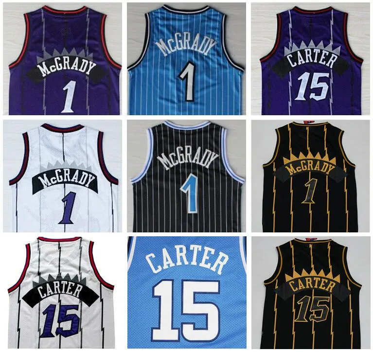 Toptan Erkek Spor Tracy McGrady 1. Jersey Beyaz Mor Siyah / Altın Vince 15 # Carter Jersey Penny 1 # Hardaway Formalar Dikişli S-XXL