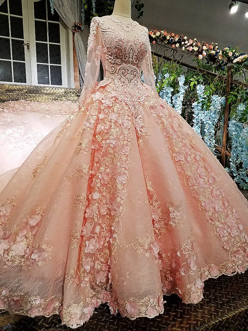 Luxury / Gorgeous Flower Fairy Champagne Flower Prom Dresses Wedding Dresses  2023 Ball Gown Strapless Sleeveless Backless Chapel Train Wedding Dresses