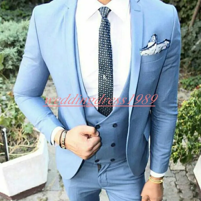 Yeni Ince Rahat Mavi Erkekler Damat Smokin Takım Elbise Best Man Damat Resmi Takım Elbise Düğün Smokin Groomsmen Takım Elbise Suits (Ceket + Pantolon + Yelek)