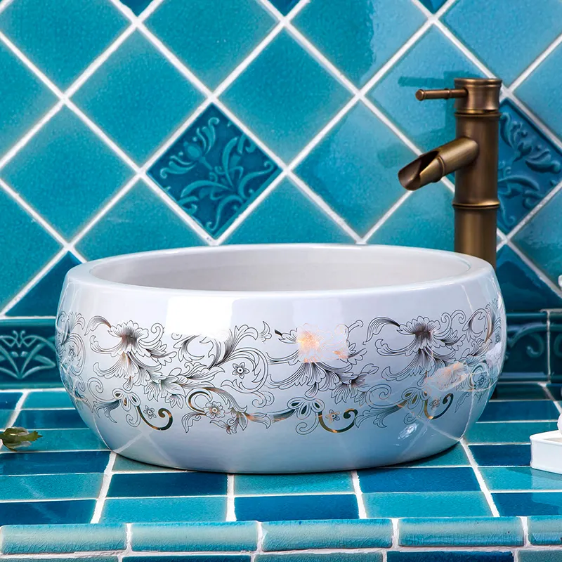 Europe Style Kinesisk tvättställ Jingdezhen Art Counter Top Keramisk Basin Sink Keramisk Tvätt Basin Shampoo