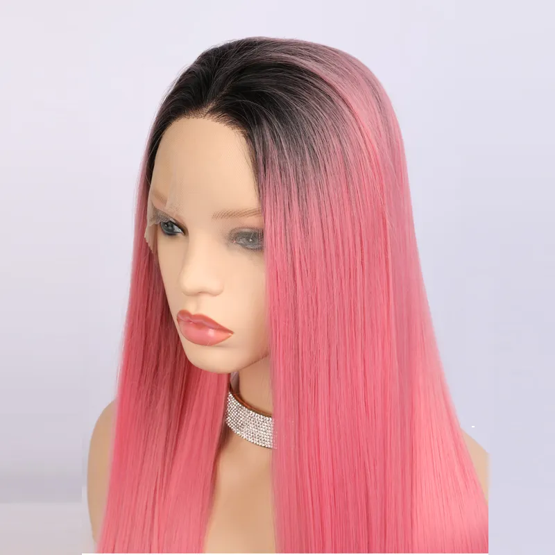 26 Inch Synthetic Lace Front Wig with Dark Roots Ombre Pink  display picture 1