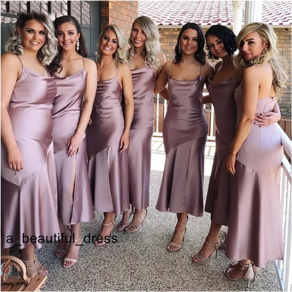 Prosta długość kostki Druhna Dress Sexy Spaghetti Paski Bez Rękawów Backless Wedding Guest Dress Satin Brydesmaids Sukienki