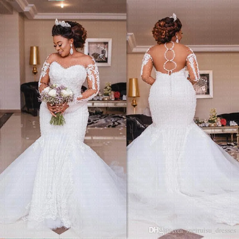 Abiti da sposa a sirena africani di lusso taglie forti Abiti da sposa arabi a maniche lunghe con applicazioni in pizzo Abito da sposa country con strascico