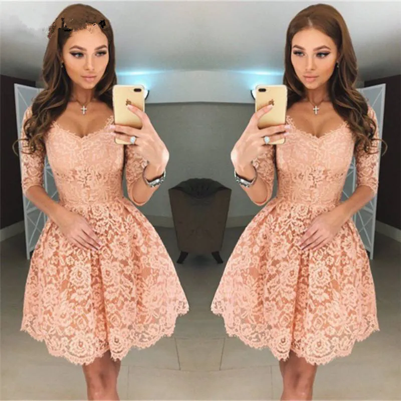 Melocot n 2019 Vestidos De Fiesta Una L nea Con Cuello En V Medias