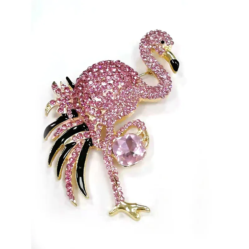 Flamingo broş pim altın ton pembe rhinestone kristal kuş broşes moda hayvan düğün pimleri takı satılık