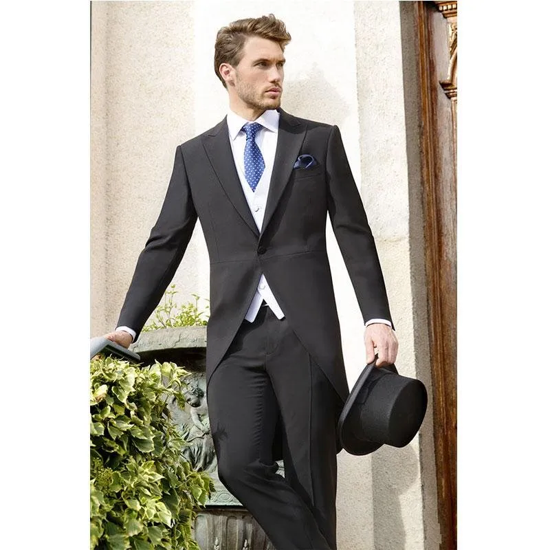 Morning Style One Button Black Wedding Groom Tuxedos Peak Lapel Groomsmen Män Passar Prom Blazer (Jacka + Byxor + Vest + Tie) Nr: 1991