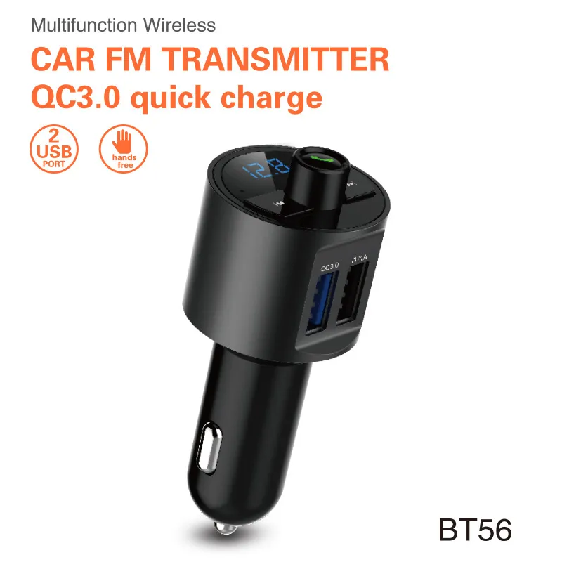 BT56 Bluetooth-bil MP3-spelare QC3.0 Dual USB-laddare FM-sändare Handsfree High Fidelity Volume Real Time Monitor