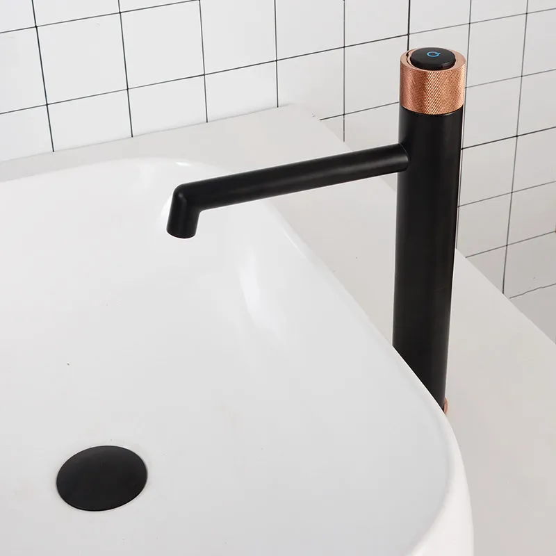Matt Black Rose Gold Knurling Press Handle Bathroom Black Basin