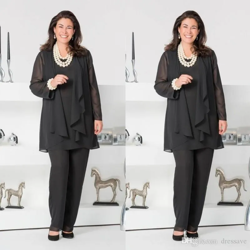 Black Mother Of The Bride Pant Suits With Jackets Scoop Neck Wedding Guest  Dress Three Pieces Plus Size Chiffon Mothers Groom Dresses From  Promotionspace, $112.87