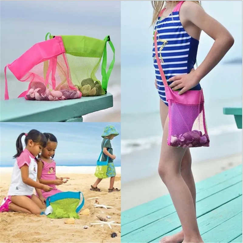 25 * 24 cm Kinder Kinder Tragbare Mesh Muschel Sand Strand Tasche Spielzeug Erhalten Aufbewahrungsbeutel Sandkästen Weg Cross Body Mesh Tasche 5 Farben DHL B5161