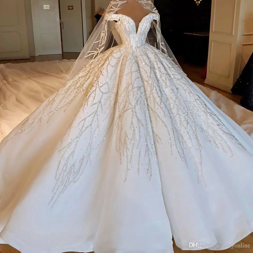 Sparkly Ball Gown Dresses Crystal Beaded Off Shoulder Puffy Dubai Arabic Bridal Gowns Long Train Plus Size Wedding Dress 0505