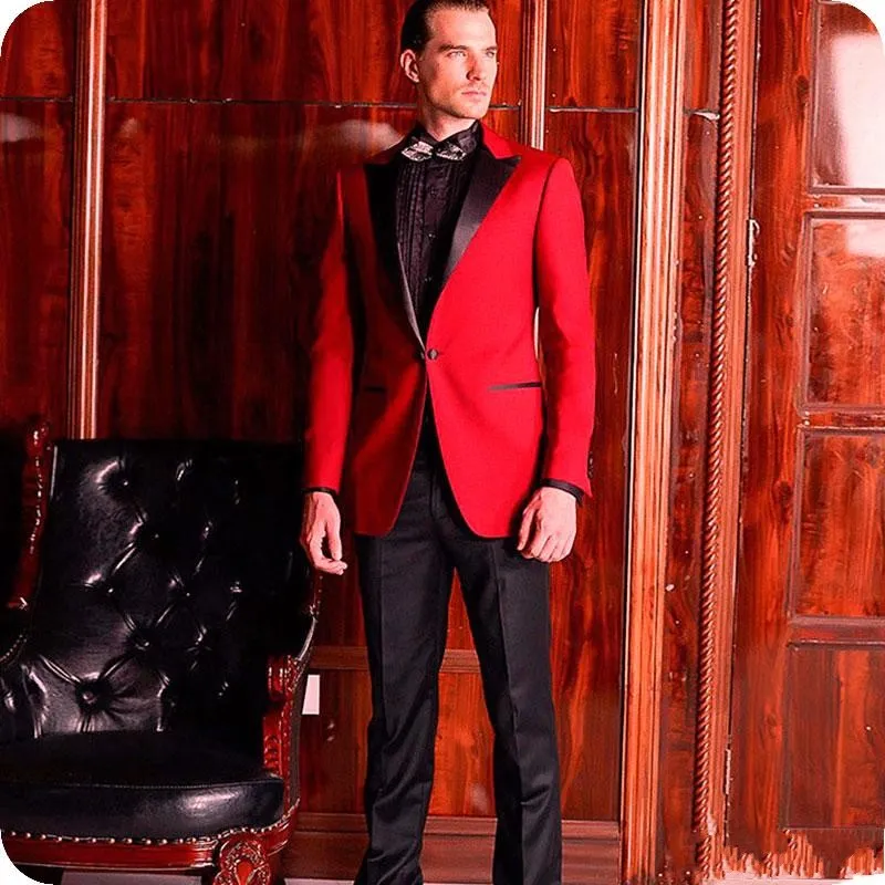 Handsome Red Groom Tuxedos Black Peak Lapel Groomsmen Wedding Tuxedos Fashion Men Formal Blazer Prom Jacket Suit(Jacket+Pants+Tie) 1703