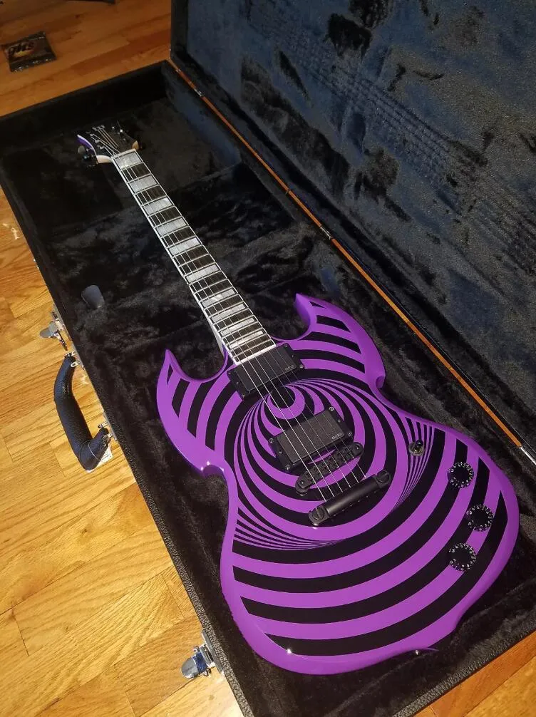 Promozione! Custom Zakk Wylde Audio Purple Barbarian Black Bullseye SG Chitarra elettrica Large Block Inlay, Black Hardware, China EMG Pickups