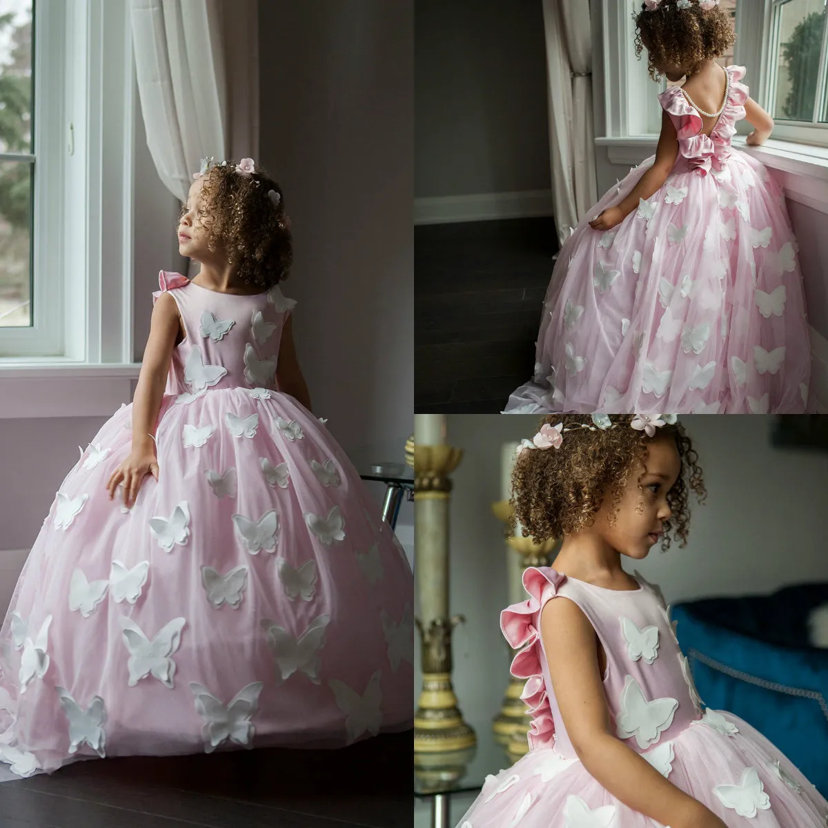 Bonito rosa flor menina vestidos com borboleta laço v de volta vestido de baile meninas pageant dress custom made pérolas crianças baratos vestido formal