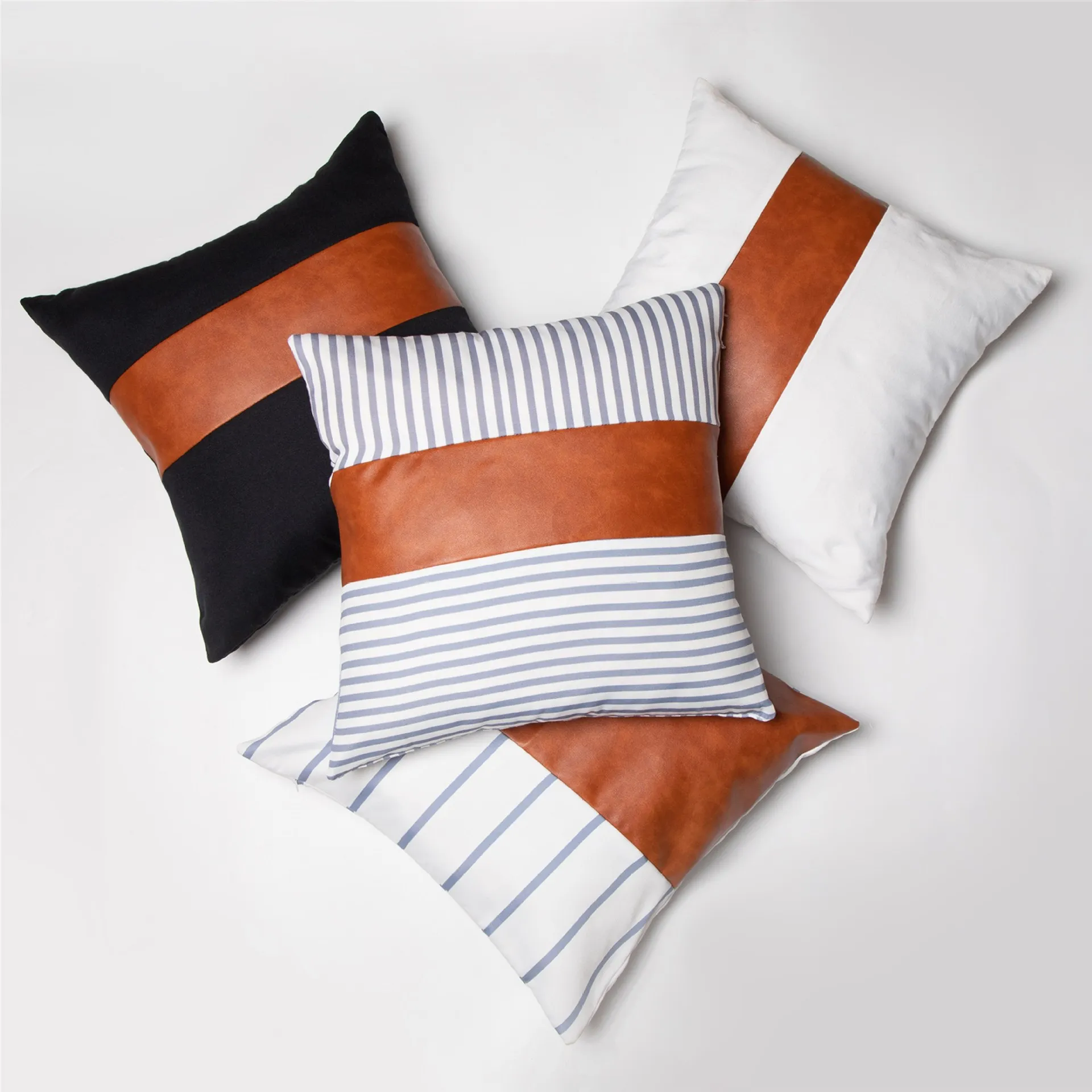 Fashion Stripe PU Pillow Cover 18x18Inch Soft Leather Canvas Patchwork Pillowcase Sofa Cushion Cover Home Decorative Pillow Cover DBC VT0890