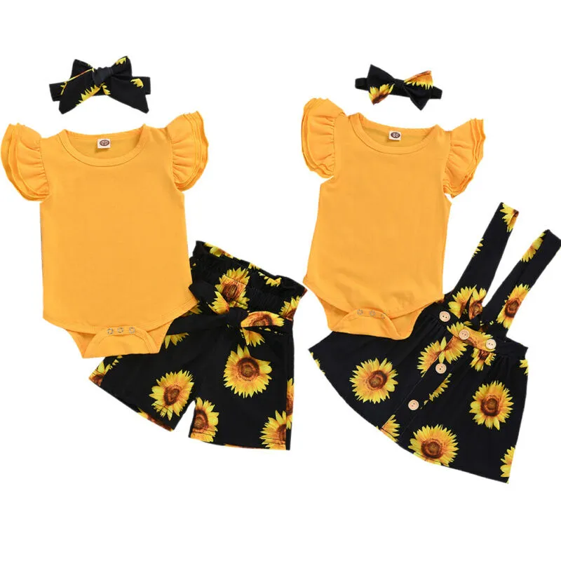 3pcs Baby Girls Vêtements Ensembles d'été Rouffon Ruffles Romper + Shorts de tournesol / jupe de sangle + bandeau 3pcs Baby Girl Outfits 0-2y