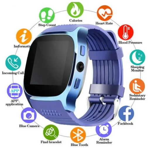 Smart Watch T8 Bluetooth Smart Watch för Android Pedometer SmartWatch Support SIM TF-kort med kamera Synkronisera Meddelande Män Kvinnor Klockor