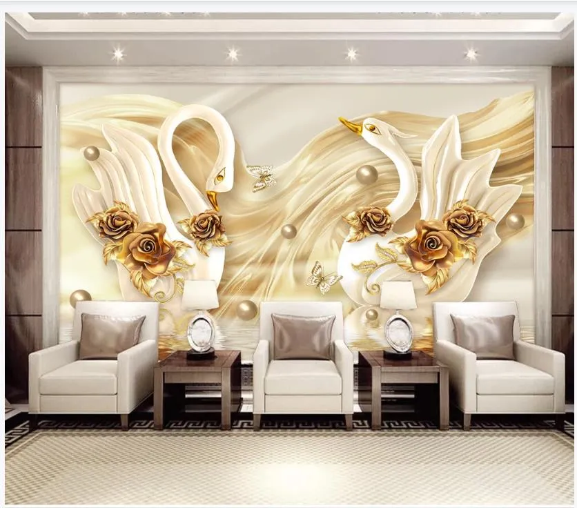 3D luxe gouden zwaan rose bloem zachte tas sieraden tv achtergrond muur 3d wallpapers