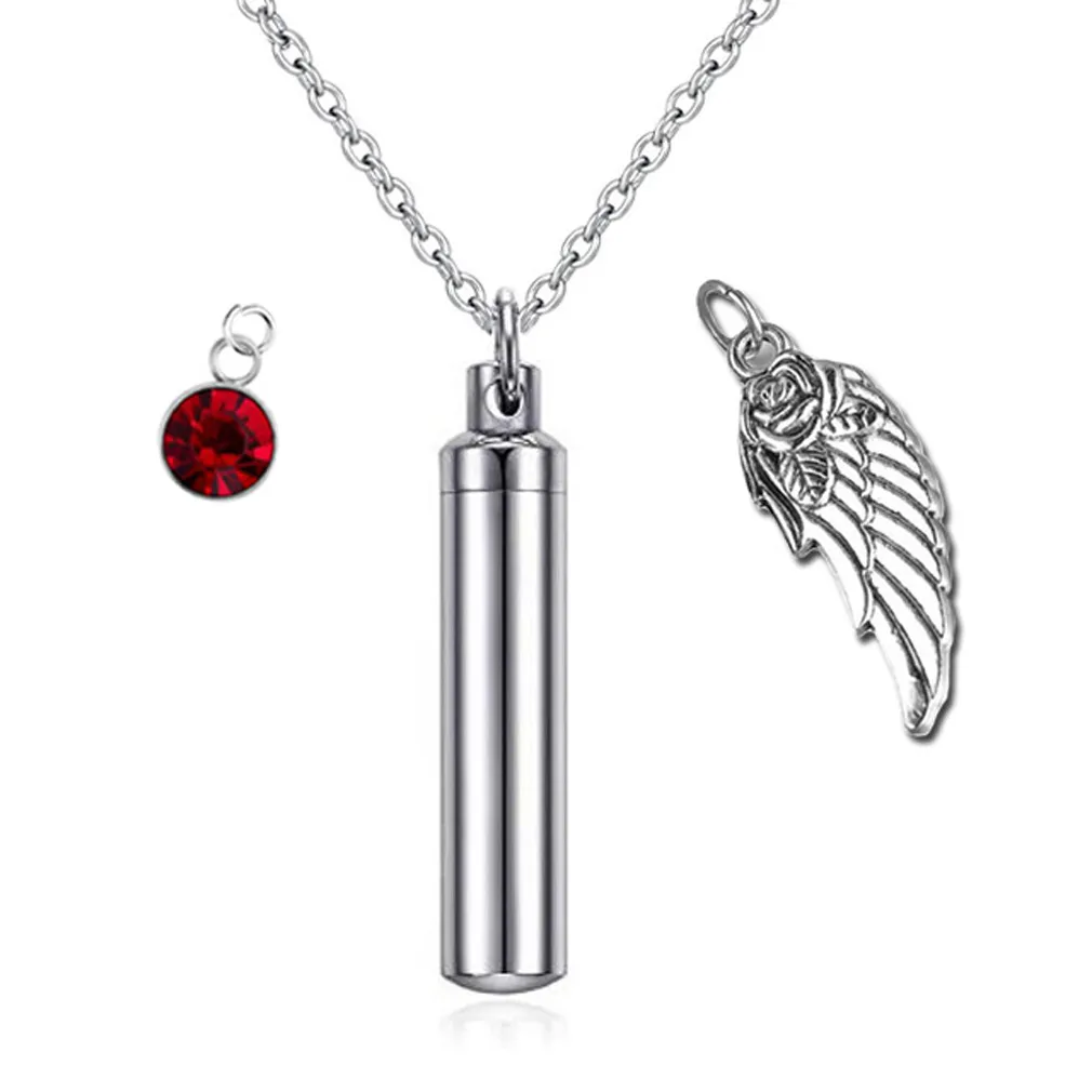 Cylinder Pendant Cremation Smycken Angel Wings Memorial Urn Halsband för Ashes Keepsake Birthstone Crystal