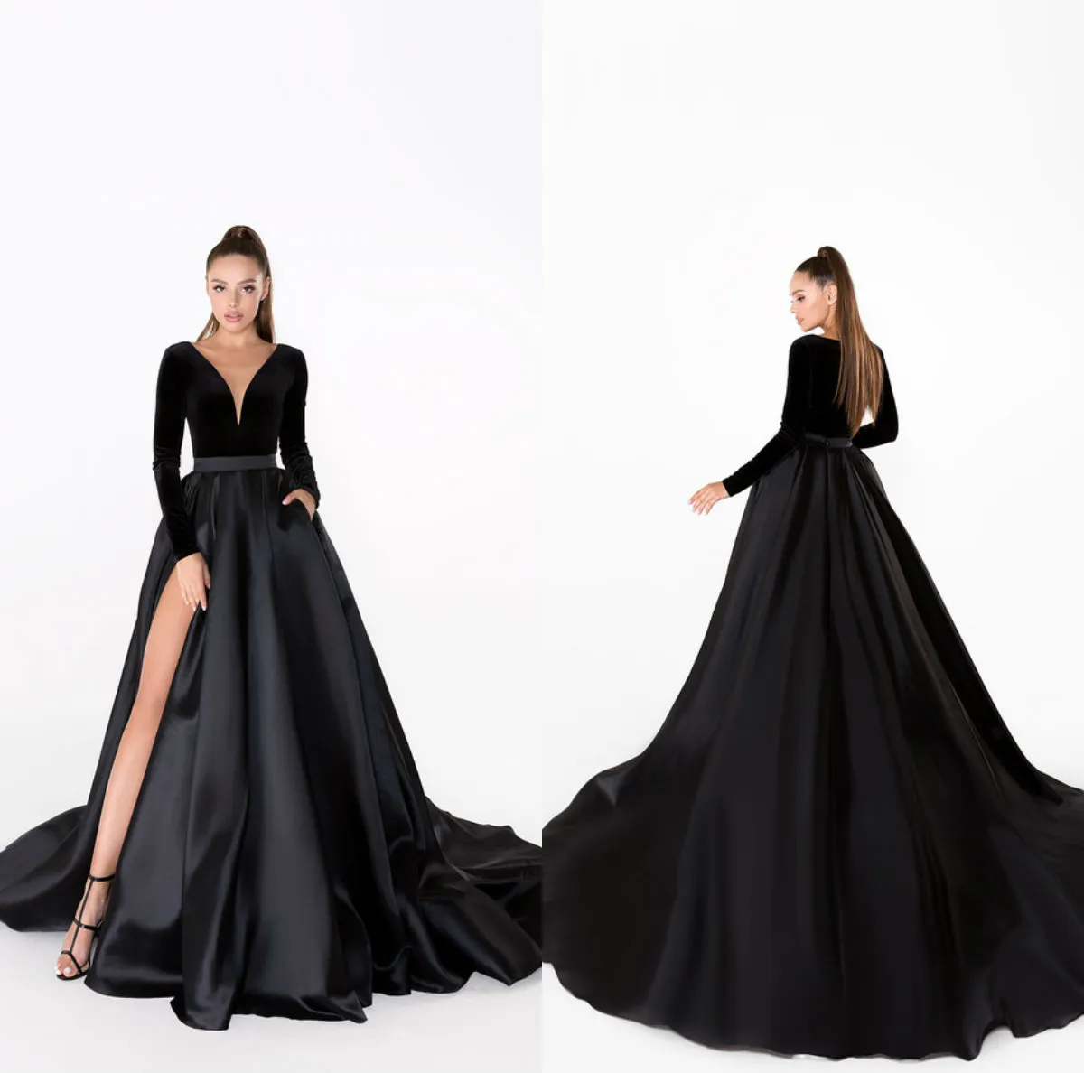 Black Vintage A-Line Velvet Satin Sexy Slit V-neck Long Sleeve Dresses, FC2179
