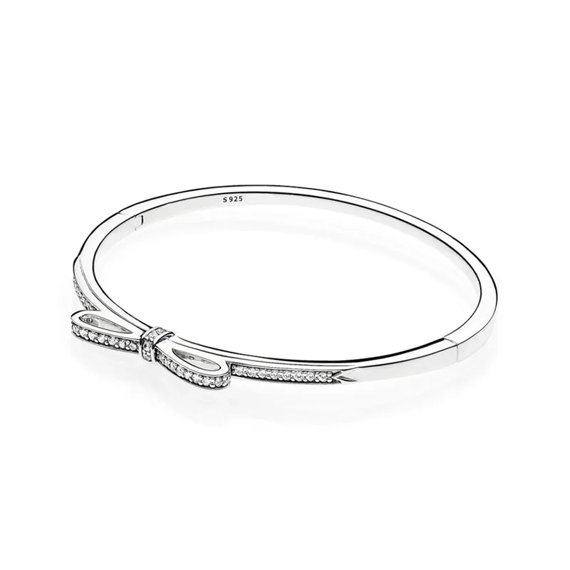 New arrival 925 Sterling Silver Sparkling Bow Bangle Bracelet Original Box for Pandora CZ Diamond Women Weddnig Gift Jewelry Bracelet Set