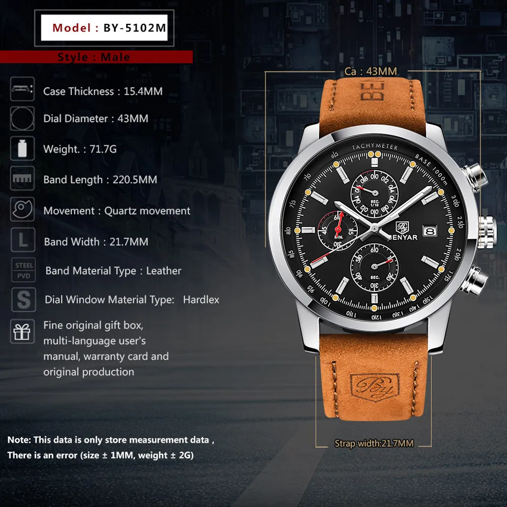 Benyar Fashion Chronograph Sport Mens Watches Top Brand Luxury Quartz Watch Reloj Hombre Saat Clock Male Hour Relogio Masculino295f