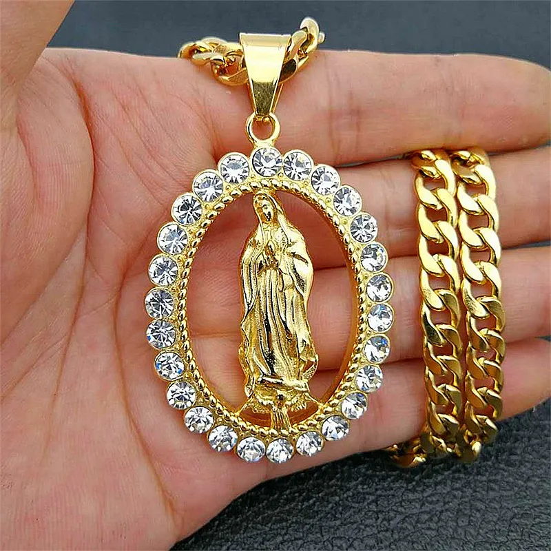 Stainless Steel Cuban Chain Pave Crystal Catholic Hip Hop Pendants Necklaces For Men Jewelry