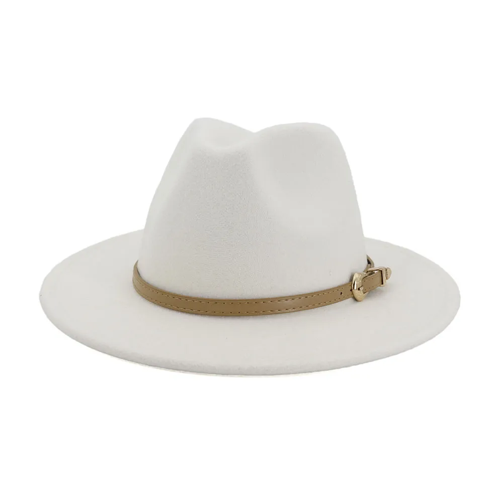 2020 Autumn Winter Women Men Wool Felt Panama Hat Jazz Fedora Bowler Hats Belt Buckle Decor Flat Brim Cowboy Trilby Hat