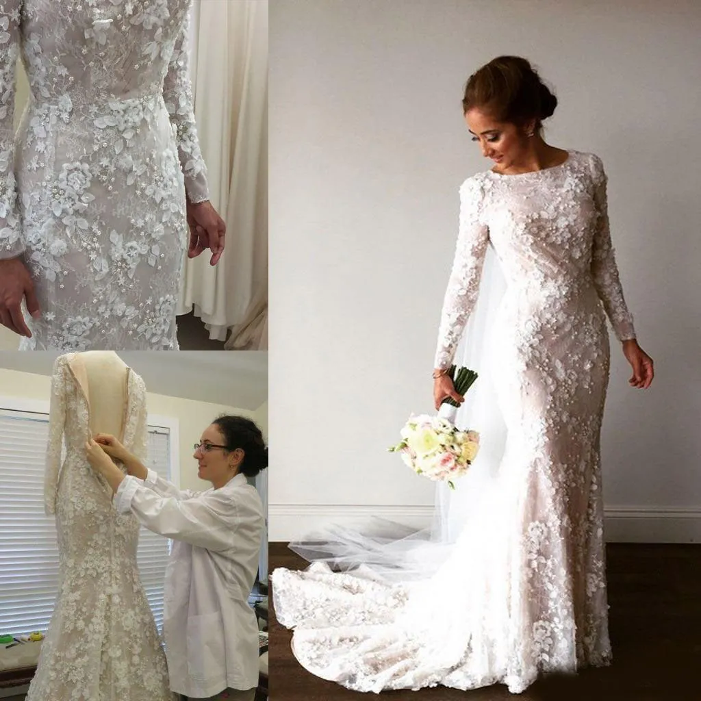 2020 nueva sirena Vintage árabe Beige marfil encaje vestidos de novia de manga larga 3D apliques florales perlas musulmanes vestidos de novia tren de barrido