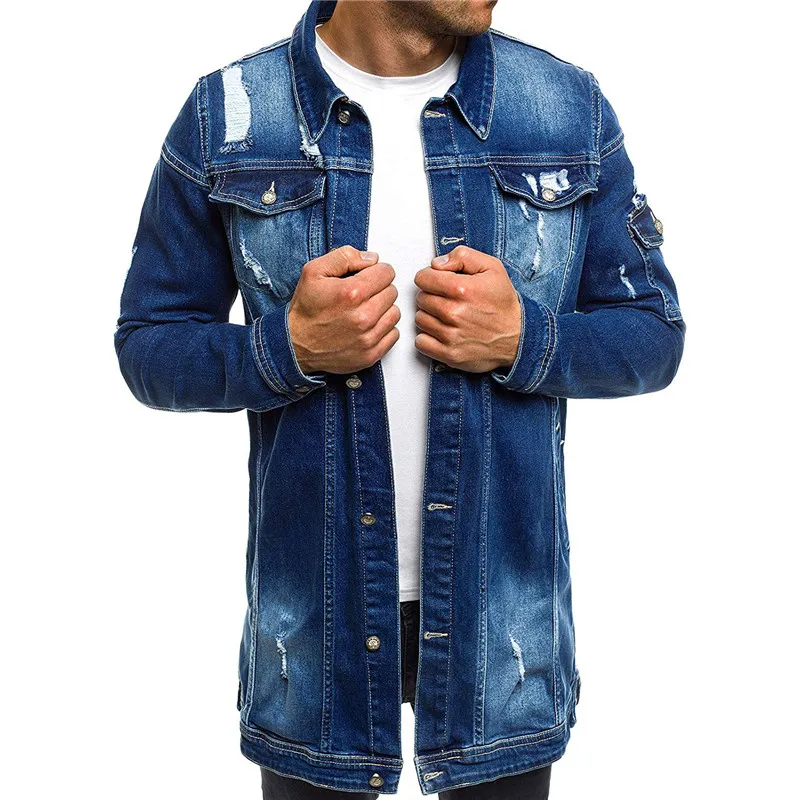 Moda uomo giacche di jeans lunghe cappotti strappati giacche di jeans slim fit effetto consumato giacca di jeans casual da uomo