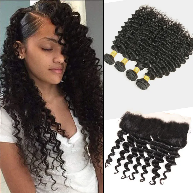 Malaysian Virgin Hair Extensions 8-30 tum Deep Wave Bundar med 13X4 spets frontal 4 stycken/lot lockigt människohår spets frontal