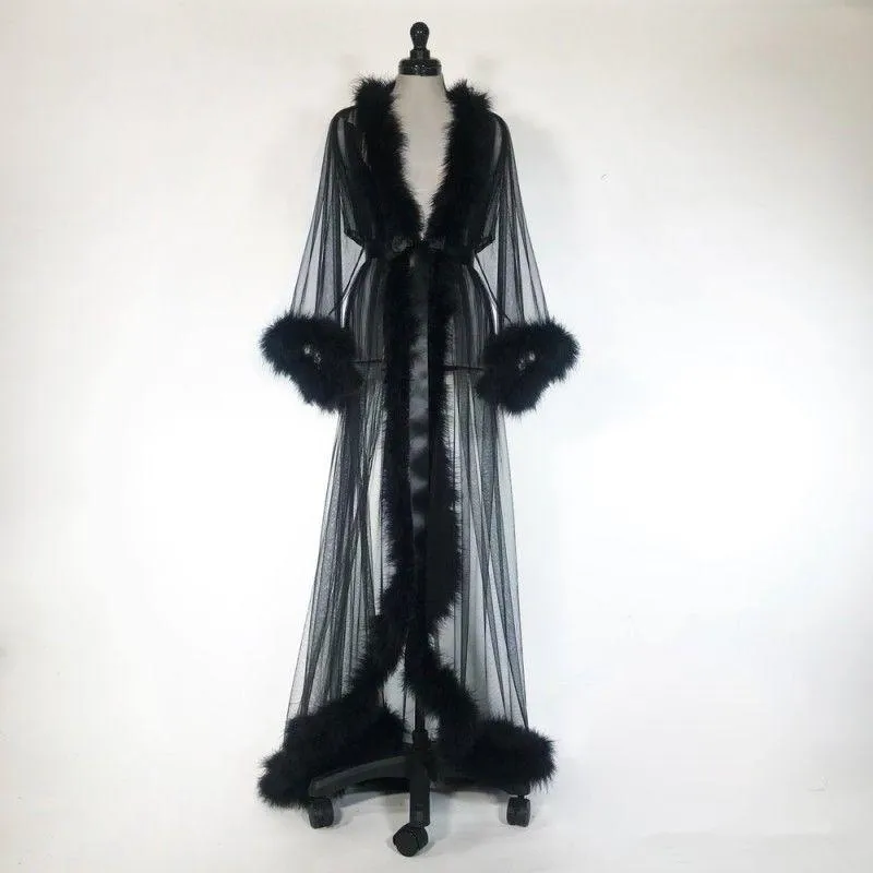 sheer fluffy dressing gown Robes for Women Fluffy Ruffle Trim Long Sleeve Belted Sheer Mesh Wedding Bride Nightgown Nightwear Bathrobe Sleepwear at Amazon Women's Clothing store