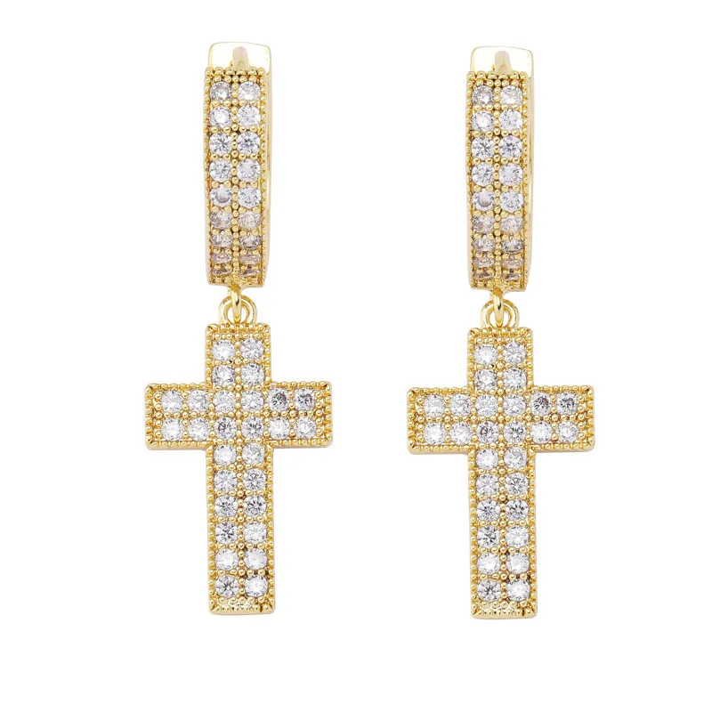 Bling Cubic Zirconia Hiphop Cross Earrings For Mens New Fashion Gold Plated Jewelry Women Designer Key Dangle Earings Rings