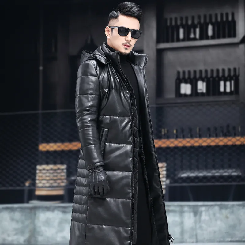 Extra Long Leather Down Coat Sheepskin Jassen Hooded Heren Winter Down Parkas Warm Windbreaker Bovenkleding Outdoor Overjas Hoge kwaliteit