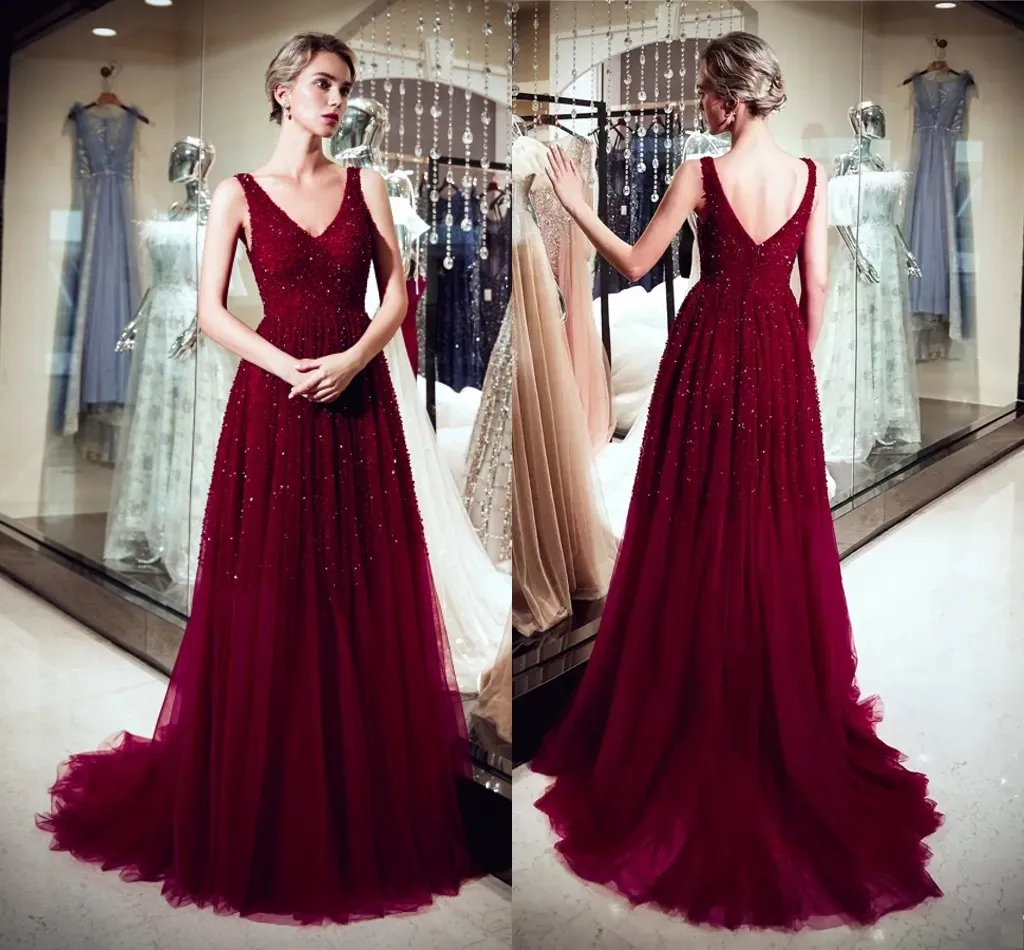 Красное вино элегантные платья v Nece Beading a Line Wine Red Tulle Long Party Formal Evening Dress Women Plus Prom Prom Plants DH4277