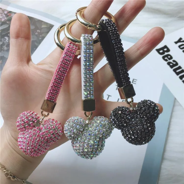 Fashion Micky Head Rhinestone Luxury Crystal Leather Strap Llavero Alloy Car Keychain Key Chain Bag Charm Porte Clef For Women